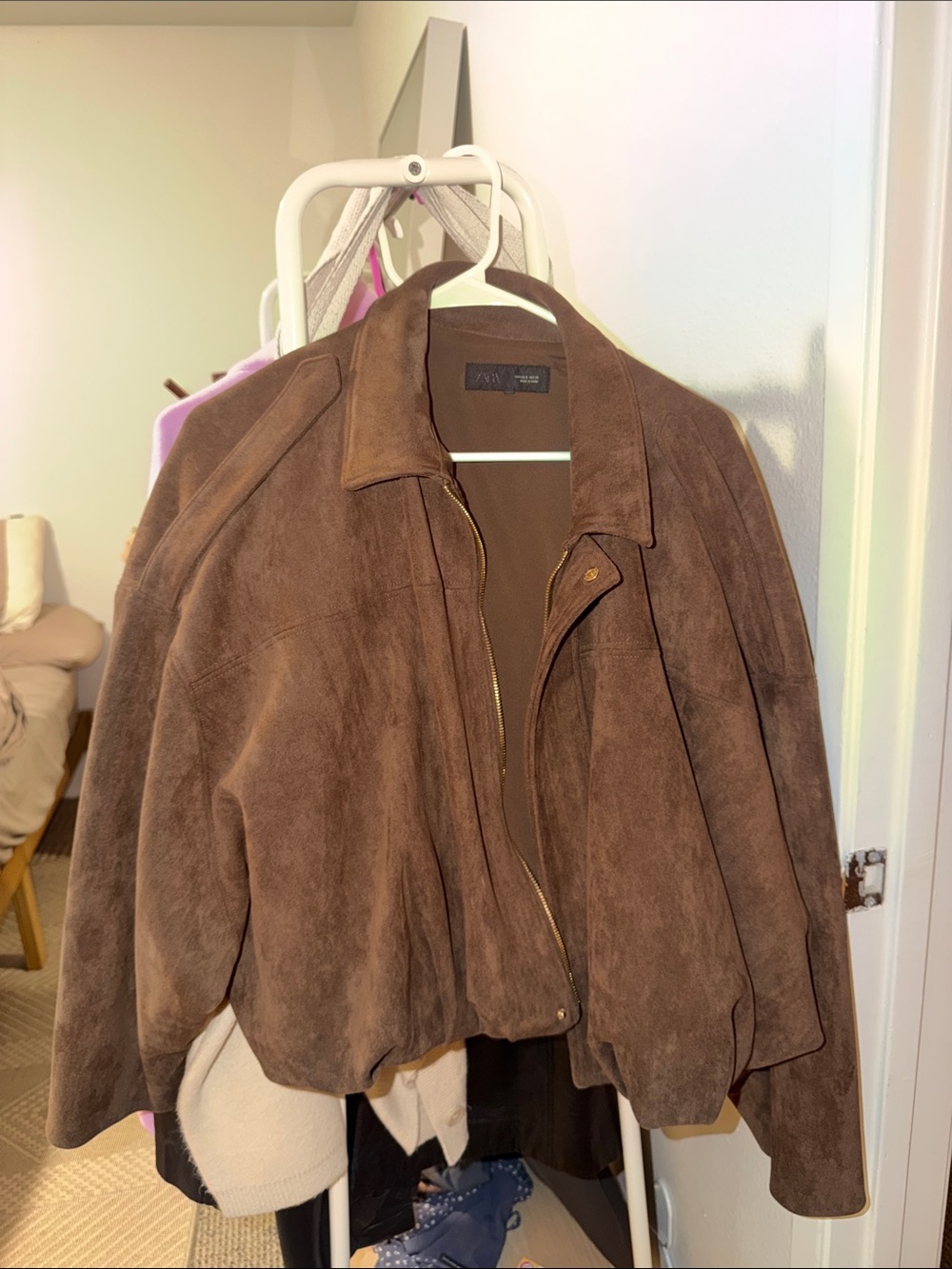 Zara Faux Suede Bomber Jacket Brown (S)